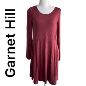 GARNET HILL Burgundy pullover A-line dress, long sleeve w/ pockets, Size S